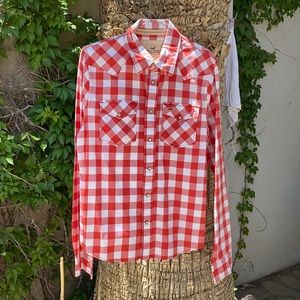 Hollister Red and White Button Down Shirt | M